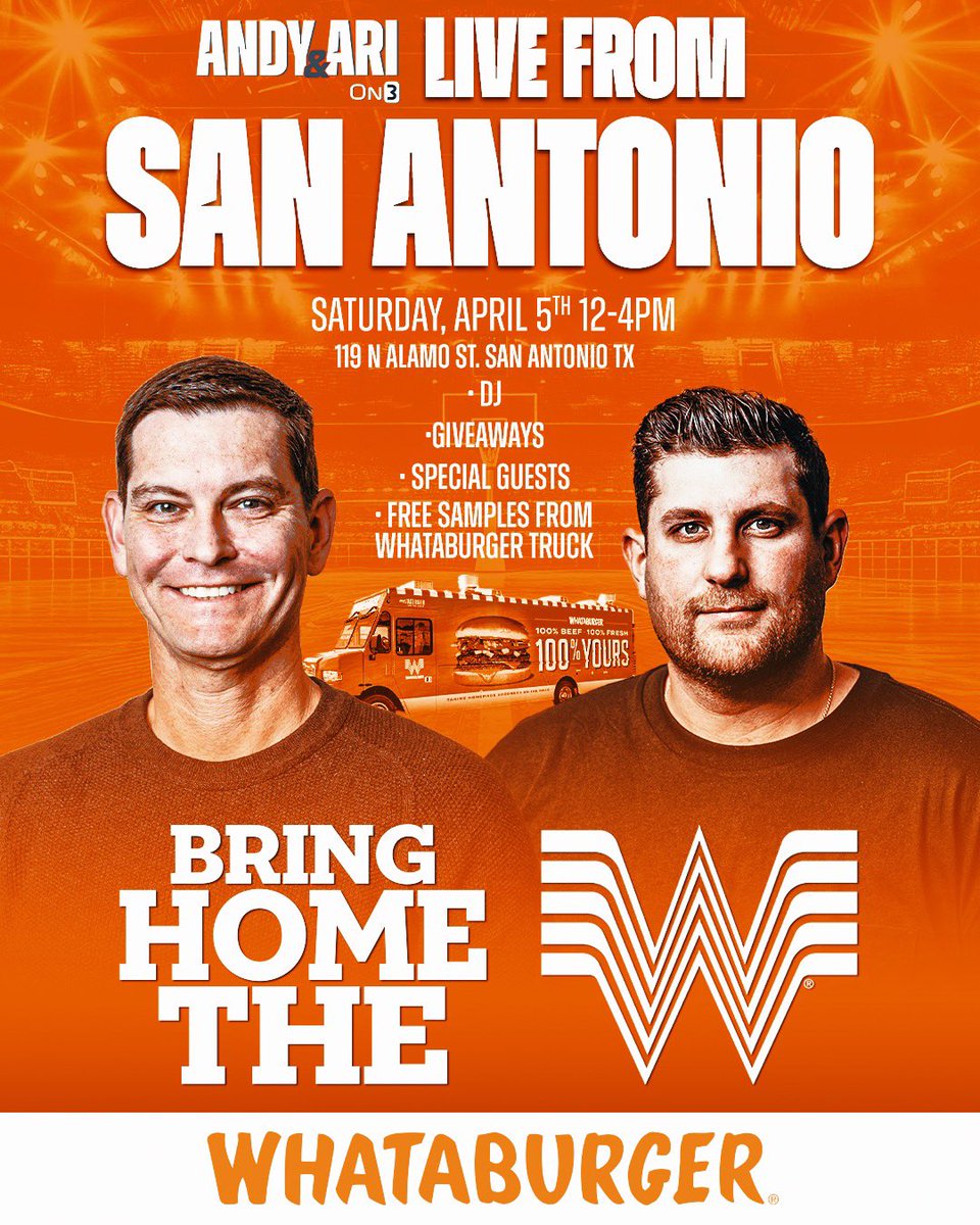 Andy Staples (@andy_staples) on Twitter photo Join me and <a href="/AriWasserman/">Ari Wasserman</a> in San Antonio on Saturday!
We’re headed there to join our friends at <a href="/Whataburger/">Whataburger®</a> to help get you ready for the games. We’ll be posted up near the Alamo with the Whataburger food truck.
Come hear Ari sing the praises of spicy ketchup. Join me and <a href="/AriWasserman/">Ari Wasserman</a> in San Antonio on Saturday!
We’re headed there to join our friends at <a href="/Whataburger/">Whataburger®</a> to help get you ready for the games. We’ll be posted up near the Alamo with the Whataburger food truck.
Come hear Ari sing the praises of spicy ketchup.