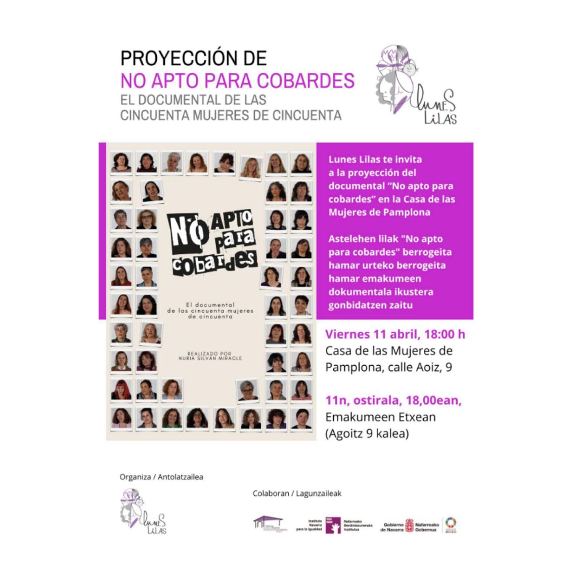 "No apto para cobardes" continúa con su gira de proyecciones colaborando con ayuntamientos, asociaciones y organismos que colaboran en proyectos de igualdad desde una perspectiva de género inclusiva para todos y todas.

PRÓXIMOS PASES en  MAJADAHONDA. COLLADO MEDIANO y PAMPLONA.