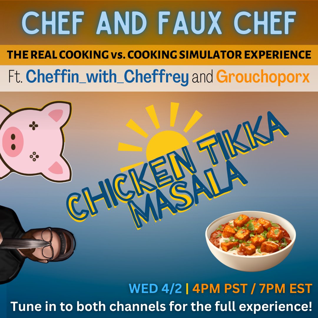**This is not a joke! We will be live tomorrow night, Wednesday 4/2, on Twitch at 4 pm PST / 7 pm EST. We will be making Chicken Tikka Masala! See you there!

#twitch #twitchstreamer #livestream #youtube #youtuber #chef #cookingsimulator #cookingstream #costream #cheffauxchef