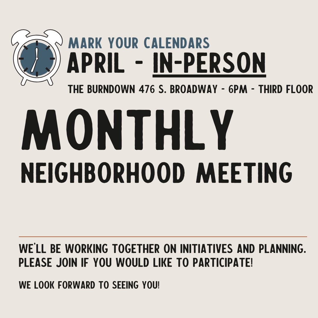 Mark your calendars! Our next meeting is April 16th at 6pm on the 3rd floor of Burndown located at 476 S Broadway.

 All are welcome! It’s a great way to stay up to date on what’s happening in our area and our future events.

Join the meeting below: lincolnstcommunity.org/monthly-meetin…
