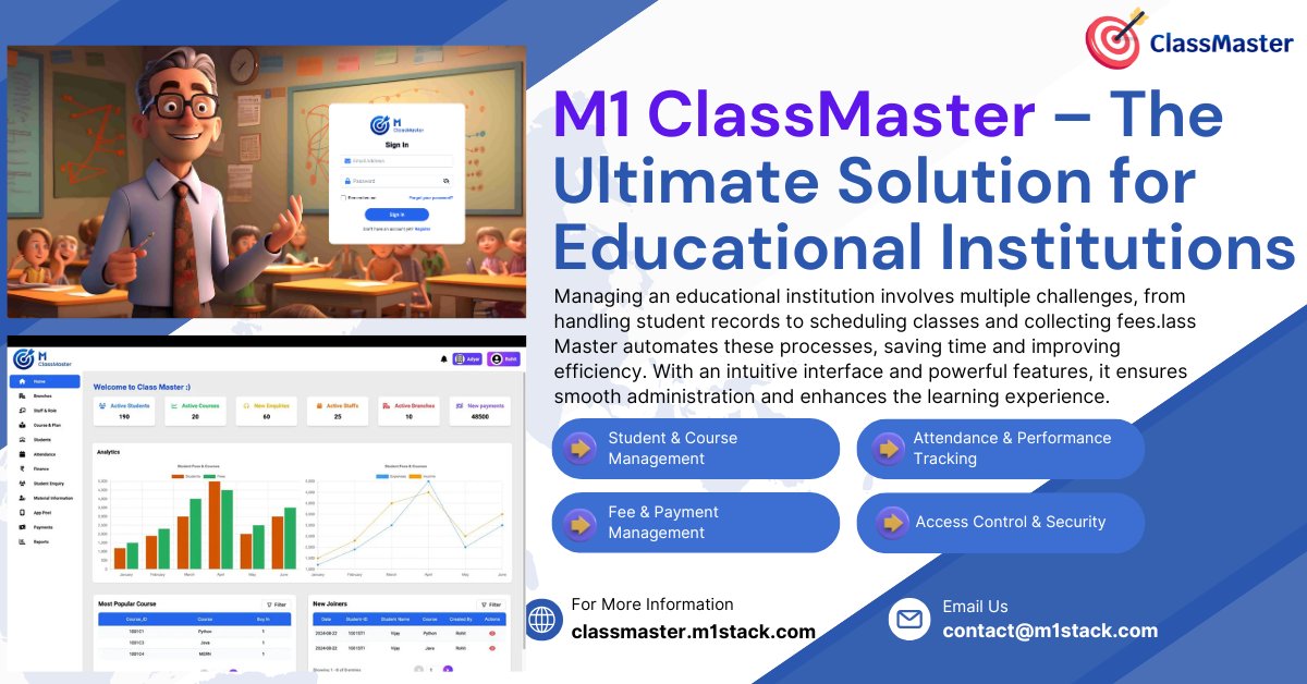 M1Stack's tweet image. 📢 Manage Your Institute and Training Center with Ease! 🚀
🔗 Try Class Master Today! 👉 m1stack.com/classmaster.ht…
📞 Contact Us:
 ✉ Email: contact@m1stack.com
📱 Phone: +91 97909 89425
📌#OnlinePayments #StudentManagement #CoachingSoftware #AdminEase #Automation #M1StackSolutions