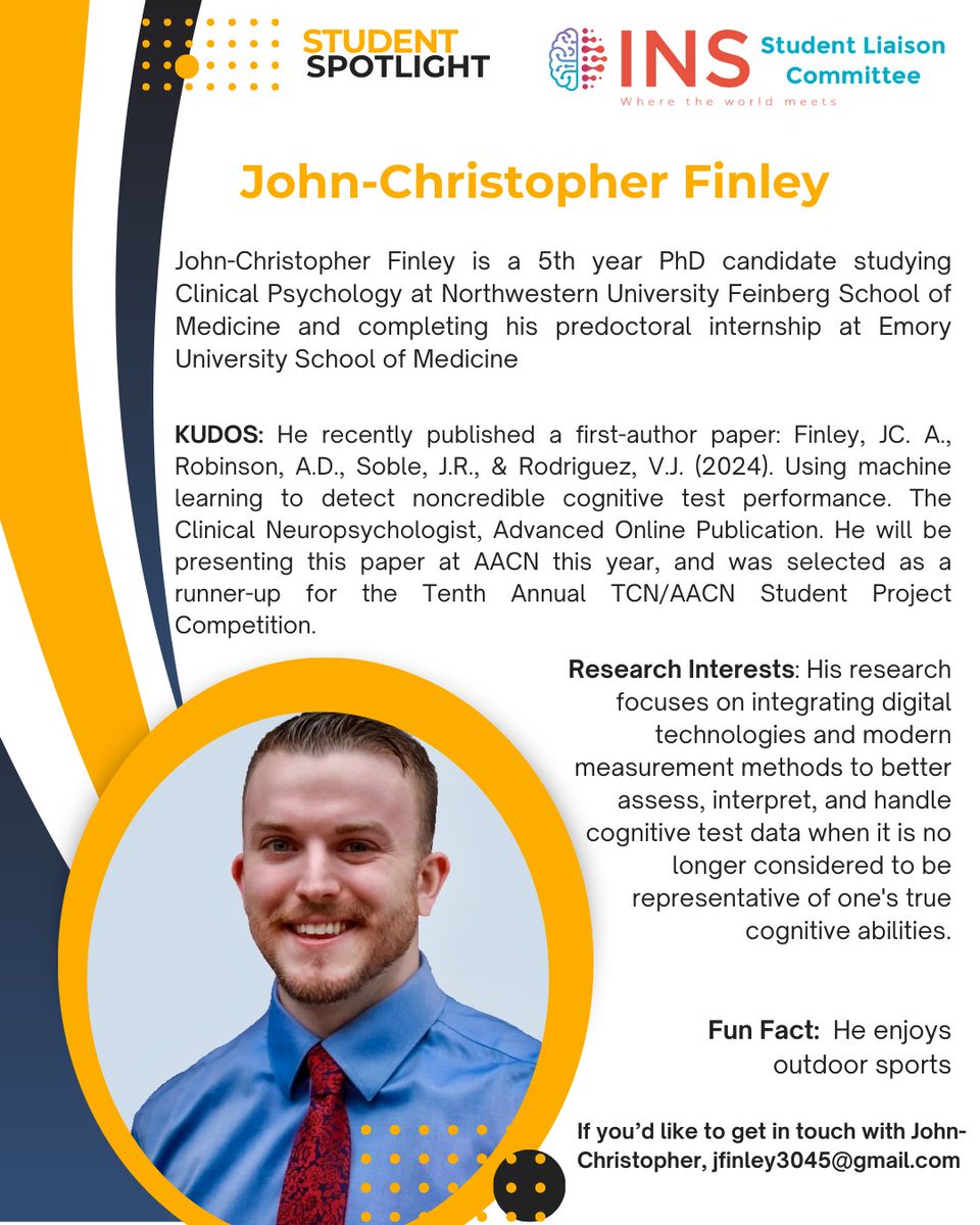 ins_slc's tweet photo. Meet this Springs first #INSstudentspotlight, John-Christopher Finley!
He is a 5th year PhD candidate studying Clinical Psychology (with a major area of study in Clinical Neuropsychology) at Northwestern University Feinberg School of Medicine. https://t.co/xUMDib4t5I