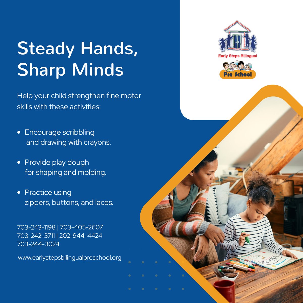 EarlyStepsBiP's tweet photo. Developing fine motor skills helps with writing, self-care, and daily tasks. Engage your child in hands-on activities that improve coordination and control! 

#BilingualEducation #AlexandriaVA #ChildDevelopment https://t.co/x3bPSG48ZU