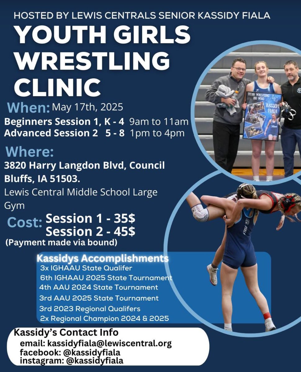 Kassidy has qualified for the Scholastic Duals in Florida and is hosting this clinic to raise money for her trip!   It’s a great opportunity for grades K-8 girls wrestlers to learn and get better!!