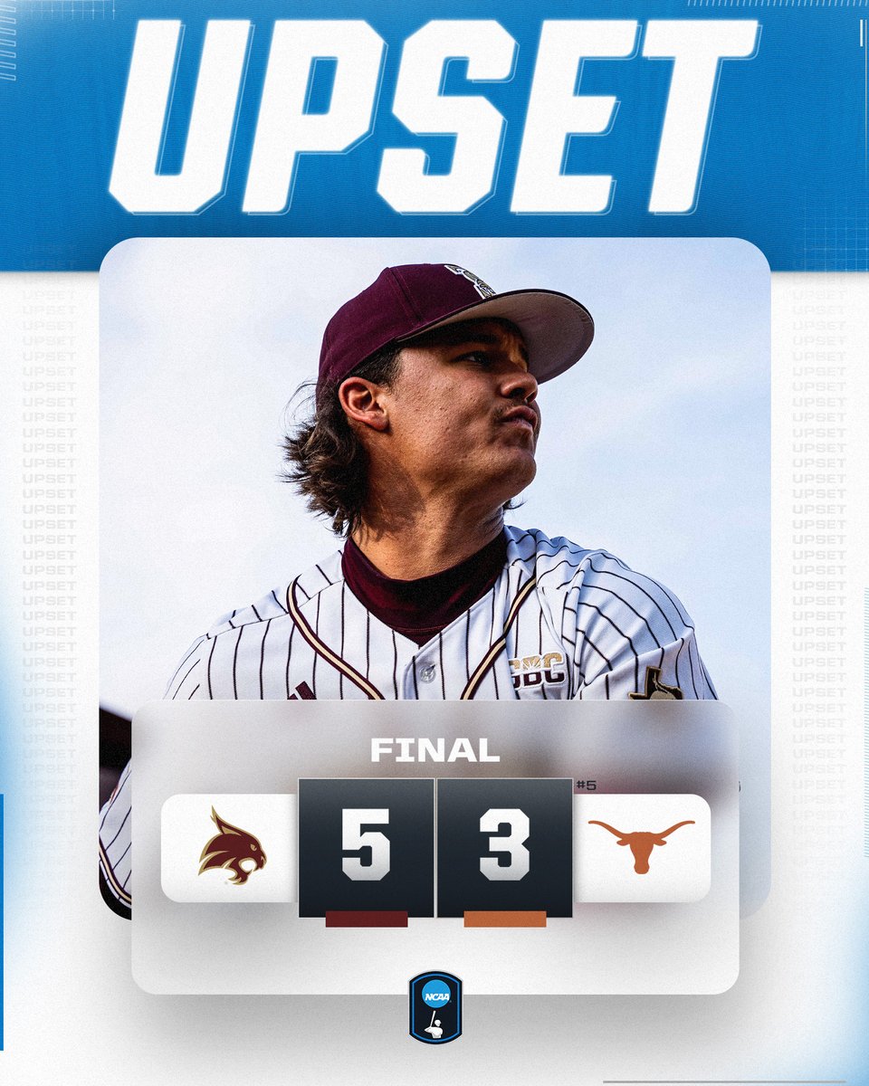 NCAABaseball's tweet photo. A battle in Texas! 🤠

@TxStateBaseball upsets No. 5 Texas! 

#NCAABaseball https://t.co/g2ET8AmnwL