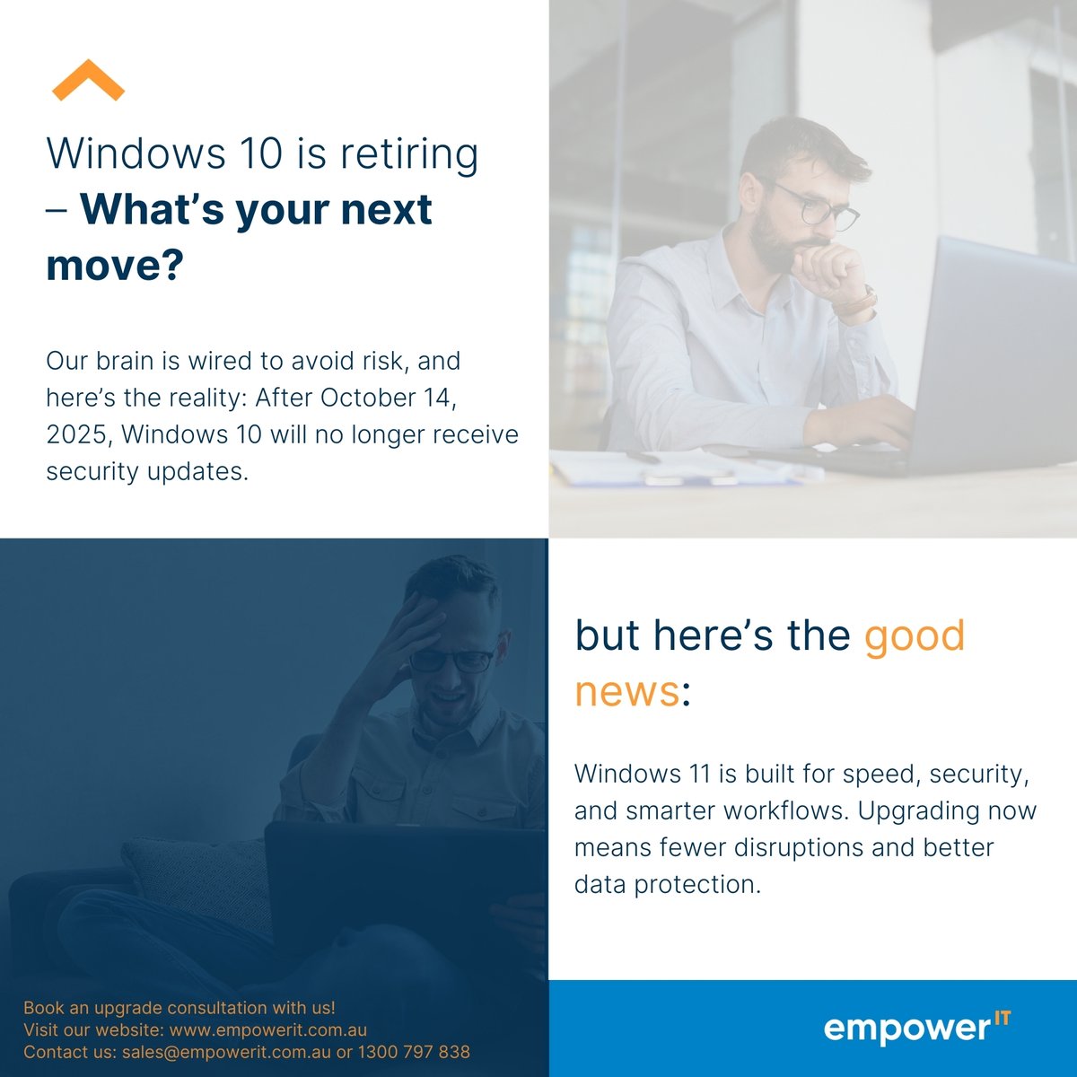 EmpowerITS's tweet photo. Would you drive a car without brakes?
Running Windows 10 after EOL is just as risky.

Book an upgrade consultation with Empower IT Solutions today.
#Windows10EOL #Windows11 https://t.co/aLZEnoW5EJ