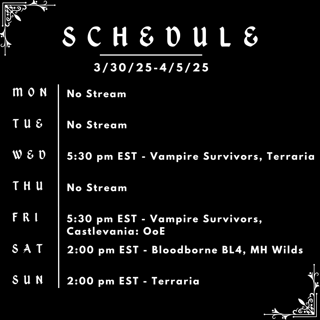 Crunchpuff__'s tweet image. Stream Schedule for this week! Travel plans got pushed back when our flight was cancelled yesterday, so posting late this week, but excited to be back to stream!