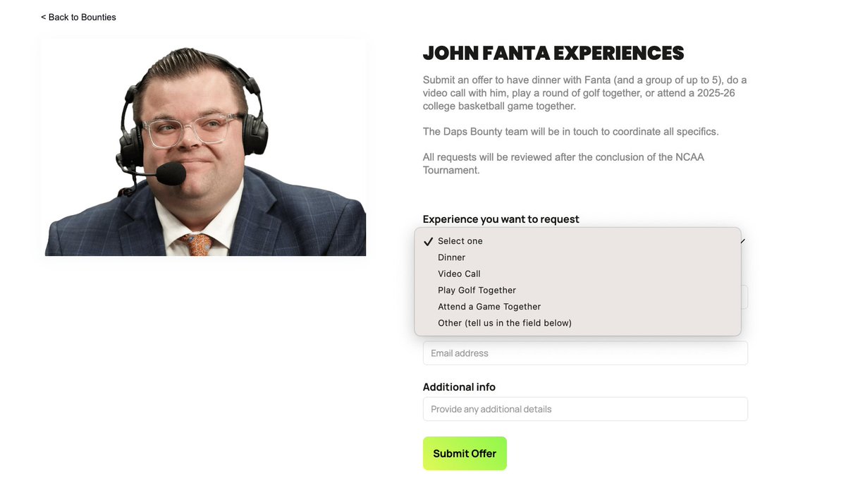 Great to be partnering with <a href="/DapsBounty/">Daps</a> for Final Four week! The auction is live for experiences and merch across the board. Check it out: putabounty.com/products/fanta…