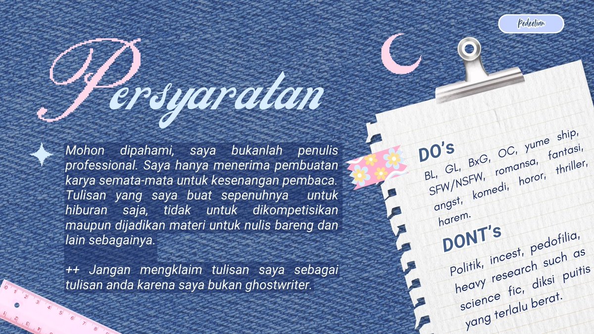 asmouday's tweet photo. rt &amp; likes are appreciated! 

OPEN WRITING COMMISSION [ID]

hai guys, karena aku sedang butuh banyak dana buat skripsian sampe lulus, aku mau buka komis tulisan buat yang punya ide tapi mager nulisnya nih! 

buat portfolio tulisanku bisa cek thread berikut ingyah⬇️ https://t.co/Ys480CIWCq