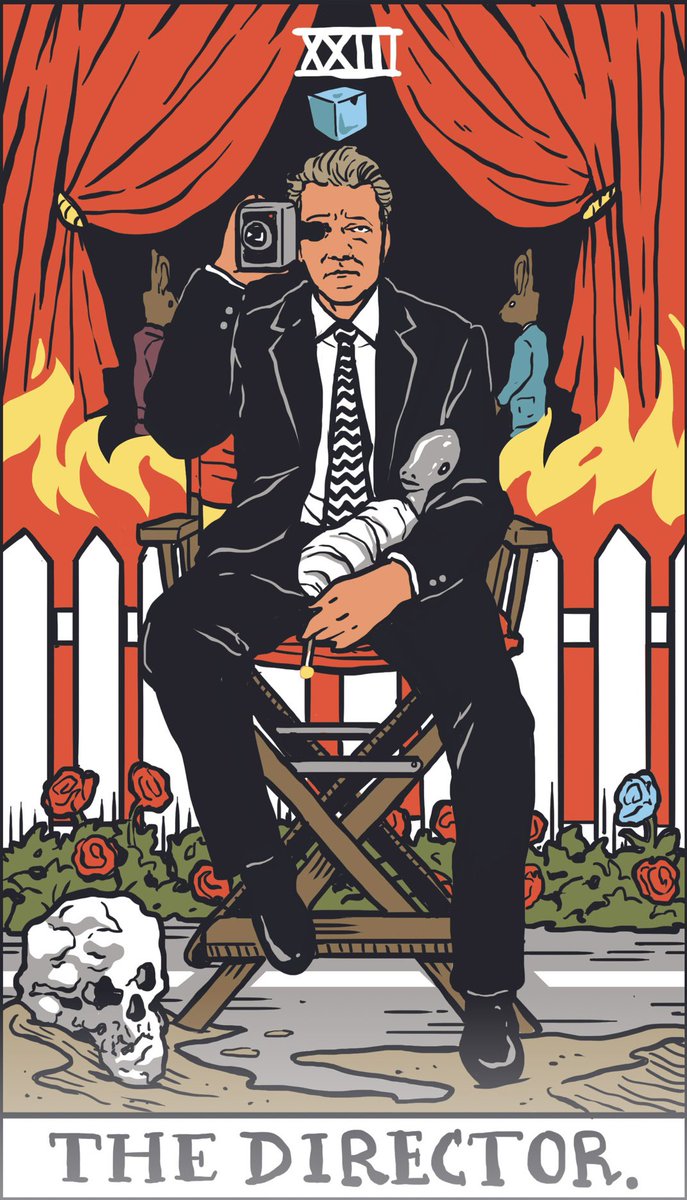 JimboGTR's tweet photo. ✊🤓rewatched #TwinPeaks fully (my second viewing, my gf’s first)…then watched @Twin_Perfect’s PHENOMENAL breakdown. I’m on cloud 9.  #DavidLynch would dolphinately approve. Art from the #twinpeakstarot via @benjuhmuhn (he’s been on my #TEAMrabbithole podcast to boot)🤑🖖 https://t.co/RQPozGaBWQ