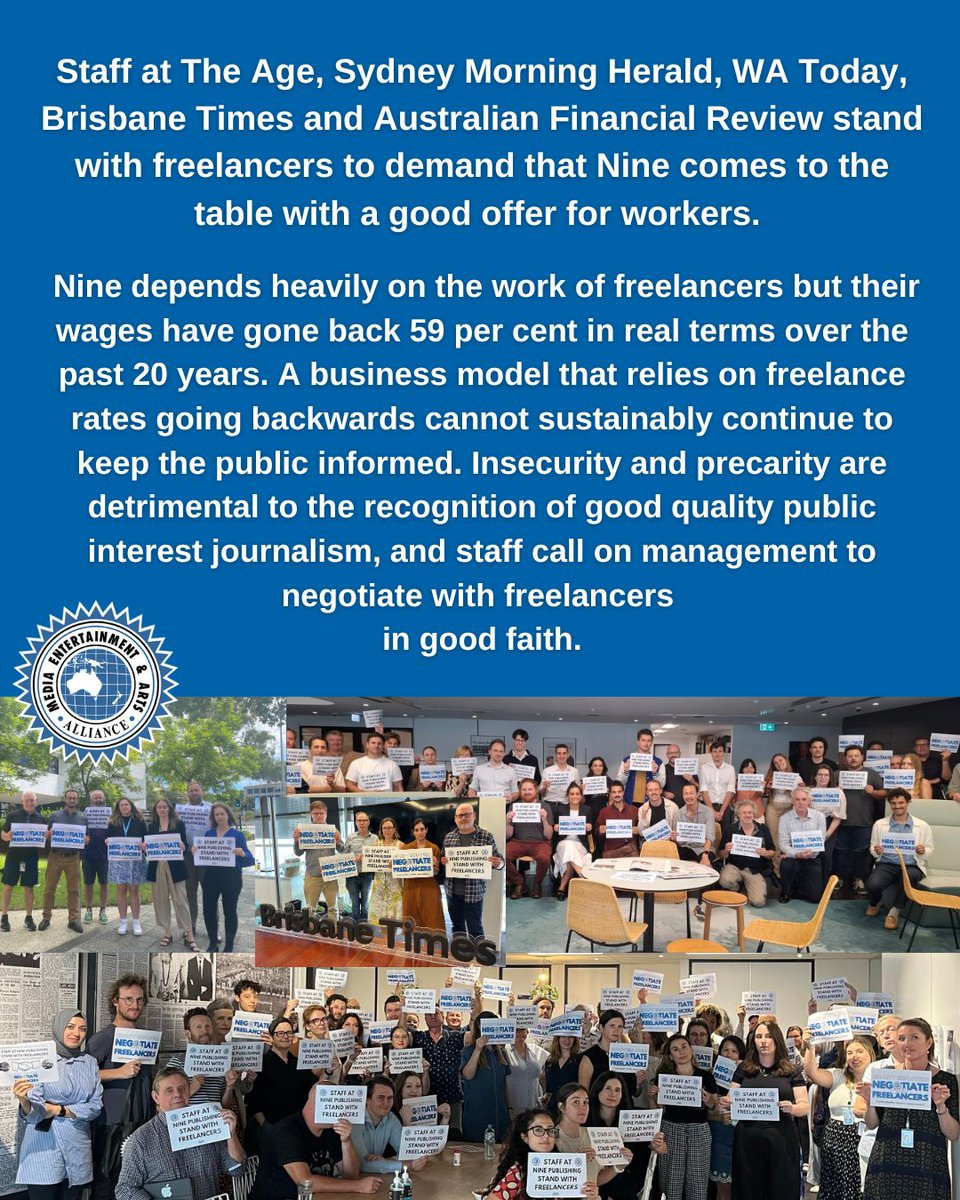 Staff and freelancers at The Age, Sydney Morning Herald, Brisbane Times, WAtoday, and Australian Financial Review are standing together! Read the statement from the National House Committee below and sign the petition NOW - meaa.io/4lblCar 
#FairGo4Freelancers #MEAAmedia