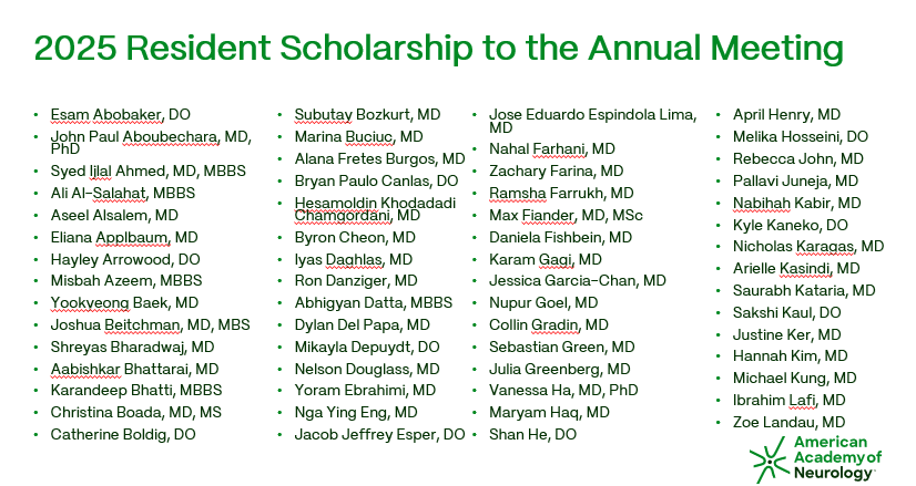Lucy Persaud (@lucypersaud) on Twitter photo Congratulations to the recipients of the <a href="/AANmember/">American Academy of Neurology</a> 2025 Resident Scholarship to the Annual Meeting
Come see them be recognized on Apr 8 at 8:00 a.m. bit.ly/4lewULa
Hope to see you there! #AANAM Congratulations to the recipients of the <a href="/AANmember/">American Academy of Neurology</a> 2025 Resident Scholarship to the Annual Meeting
Come see them be recognized on Apr 8 at 8:00 a.m. bit.ly/4lewULa
Hope to see you there! #AANAM