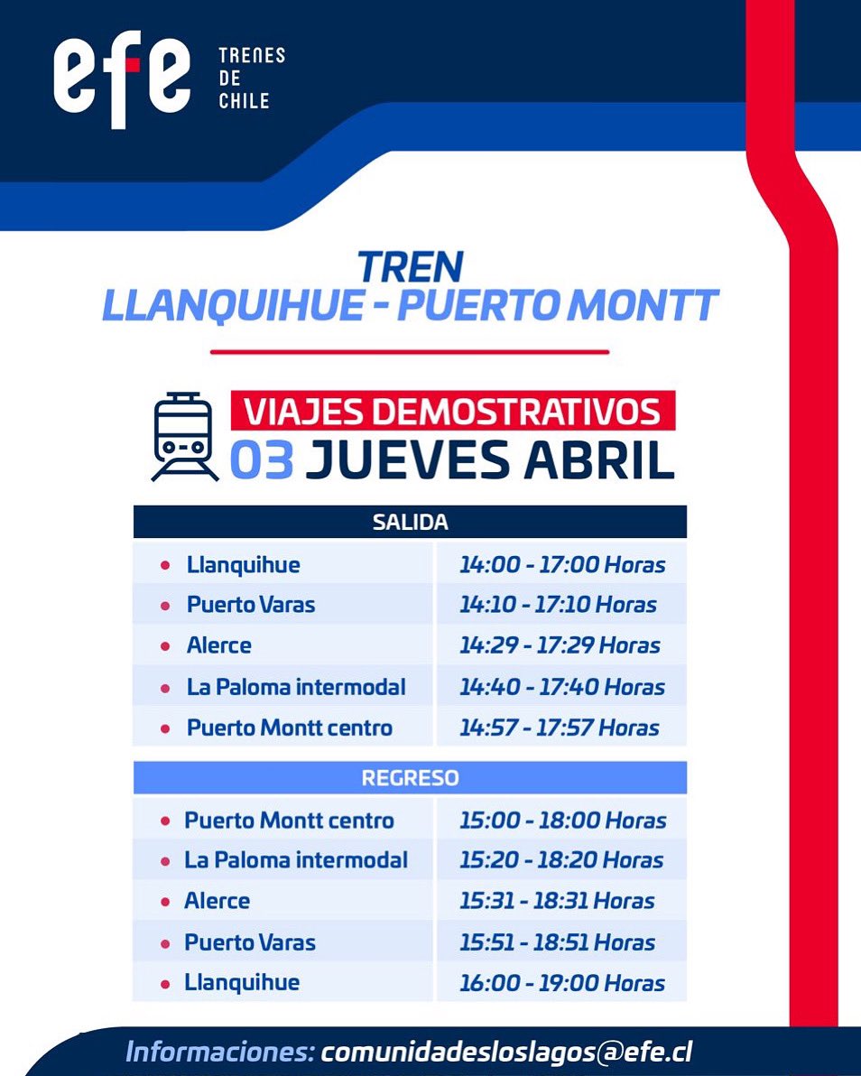 ¡Atención comunidades! Este jueves 3 de abril estaremos realizando nuevos viajes demostrativos entre Llanquihue y Puerto Montt 👏🚄, en el marco de la pronta puesta en marcha del servicio 🚊.

¡Cada vez queda menos para que entre en funcionamiento 💪!

 comunidadesloslagos@efe.cl