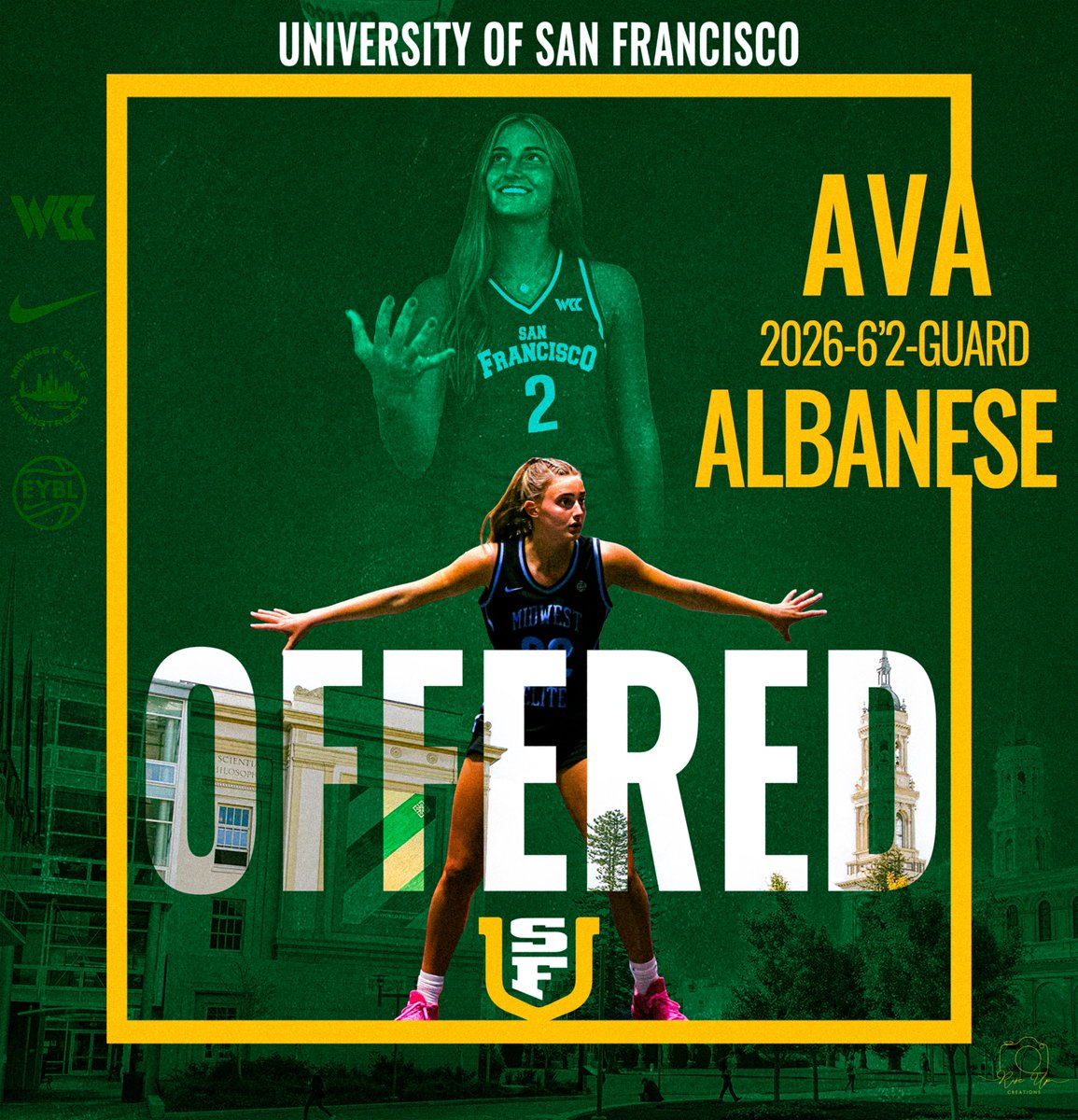 Midwest Elite Meanstreets EYBL (@mwehoops_eybl) on Twitter photo Congratulations to Ava Albanese on the scholarship offer she received from the University of San Francisco WBB (<a href="/USFDonsWBB/">San Francisco Women's Basketball</a>) and Coach Goodenbour (<a href="/bbb15/">Molly Goodenbour</a>).
#MidwestEliteEYBL #ElitePerformer #D1Athlete #RisingStar #CollegeBound Congratulations to Ava Albanese on the scholarship offer she received from the University of San Francisco WBB (<a href="/USFDonsWBB/">San Francisco Women's Basketball</a>) and Coach Goodenbour (<a href="/bbb15/">Molly Goodenbour</a>).
#MidwestEliteEYBL #ElitePerformer #D1Athlete #RisingStar #CollegeBound