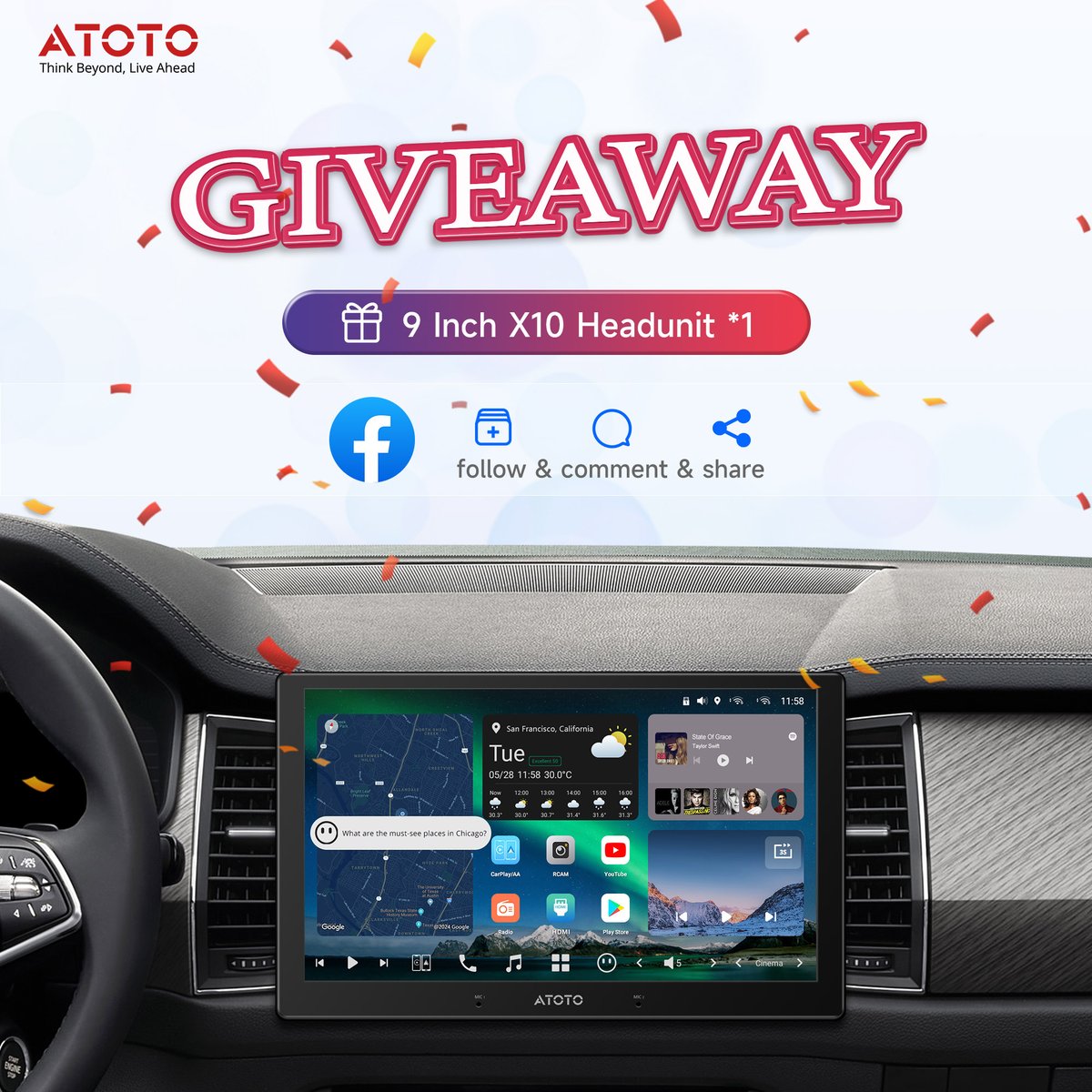 GIVEAWAY！！！
Enter  to win a 9inch X10 headunit!
facebook.com/share/p/1HpViV…

#Giveaway #GiveawayAlert #atoto #carstereo #carplay #android #carmod