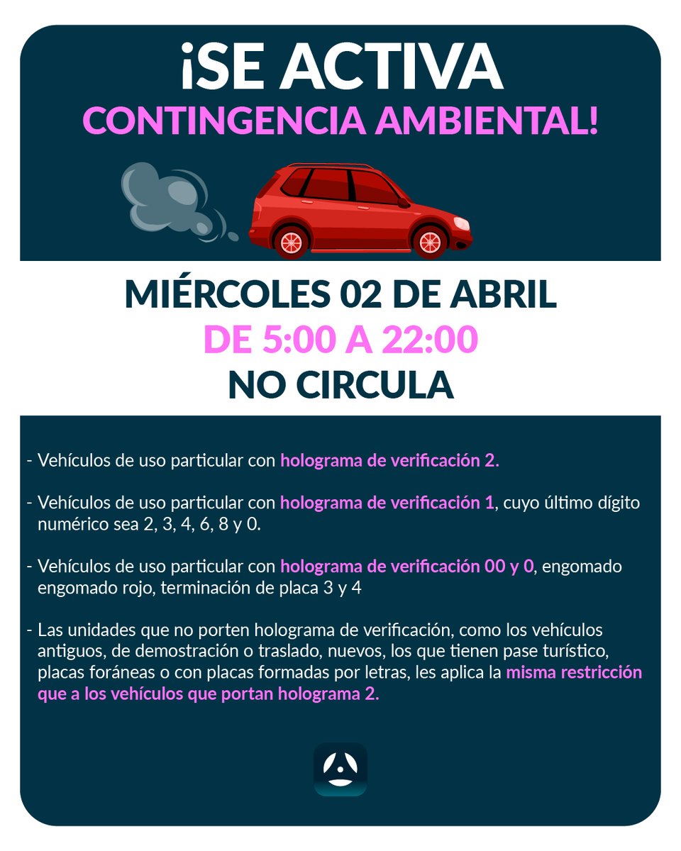 AutoChilango's tweet photo. 🚨¡Se activa la contingencia ambiental!🚨

Mañana no podrán circular algunos vehículos debido a esta restricción. Revisa si puedes circular el día de mañana y mantente atento por si se levanta la contingencia.

#HoyNoCircula #AutoChilango #Auto https://t.co/ACp8B1OVEn