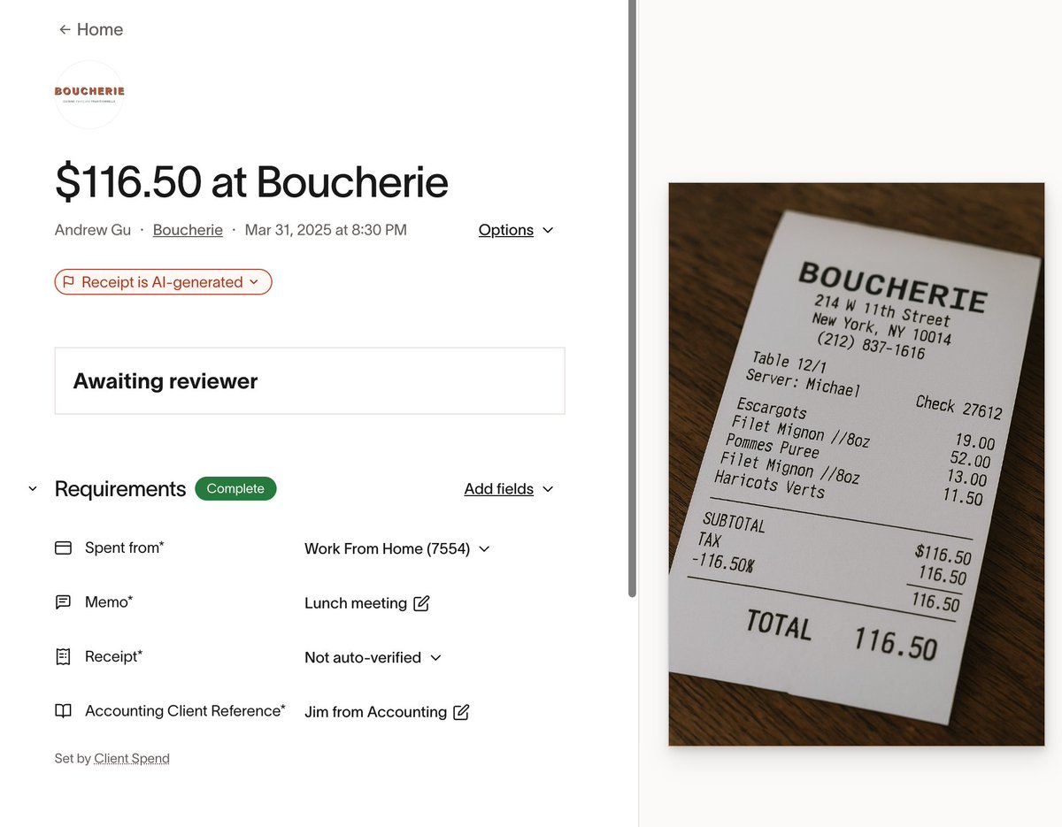 just shipped a policy flag for <a href="/tryramp/">Ramp</a> to help catch AI-generated receipts like these!

our system analyzes metadata added to the image by <a href="/OpenAI/">OpenAI</a> to automatically detect whether or not it’s real.

AI is changing overnight but we work around the clock to stay ahead! 🫡