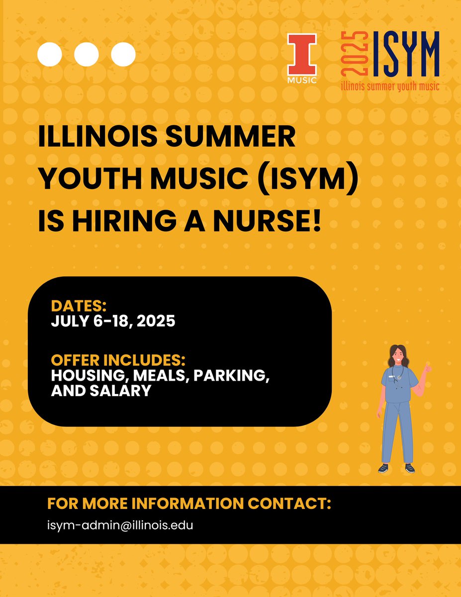 Illinois Summer Youth Music (@isym_uiuc) on Twitter photo 📢Illinois Summer Youth Music (ISYM) is Hiring a Nurse for its 2025 camp!
The position runs from July 6-18, 2025, and includes housing, meals, parking, and salary. For more information, please contact isym-admin@illinois.edu.
#ISYM #Hiring #SummerJob 📢Illinois Summer Youth Music (ISYM) is Hiring a Nurse for its 2025 camp!
The position runs from July 6-18, 2025, and includes housing, meals, parking, and salary. For more information, please contact isym-admin@illinois.edu.
#ISYM #Hiring #SummerJob