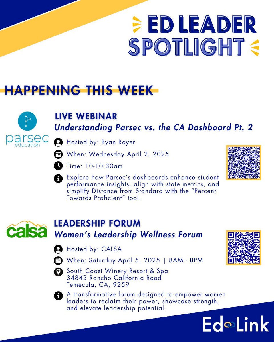 🚨 Ed Leader Spotlight 🚨

📌 Parsec Dashboard – Part 2
Join Parsec as they continue the discussion on how the Parsec Dashboard enhances student performance.

📌 CALSA Women’s Leadership Wellness Forum
An opportunity for women leaders to connect, grow, and empower one another.