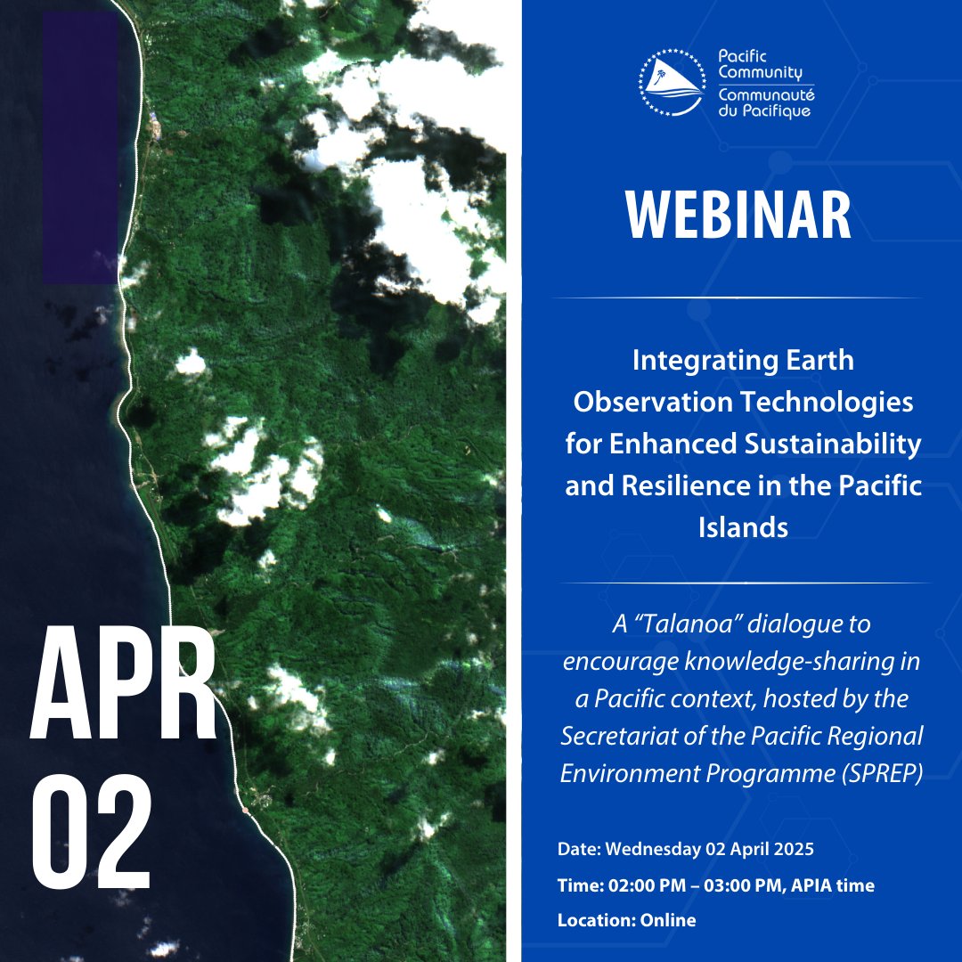 Join us for the webinar hosted by <a href="/SprepChannel/">SPREP</a> on Integrating Earth Observation Technologies for Enhanced Sustainability and Resilience in the Pacific Islands.
- April 2, 2025
- 2:00–3:00 PM (Apia Time)
- events.teams.microsoft.com/event/dc5d48c1…
 
#DigitalEarthPacific  #EarthIntelligenceForAll