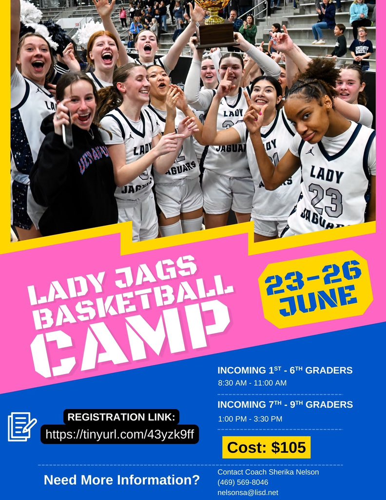 It’s time to sign up your daughter for summer camp! We hope to see all our future Lady Jags!

Sign up here:
tinyurl.com/43yzk9ff