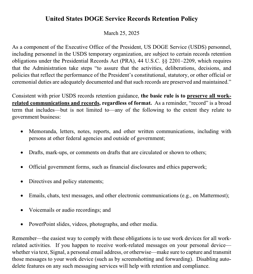 weareoversight's tweet photo. Our lawsuit forced the creation of a new records retention policy for DOGE.

The policy is dated March 25—the day after we'd filed a motion for a records preservation order—and comes as the administration is facing intense scrutiny for its use of Signal. https://t.co/ty01j6ssfF https://t.co/RqDDarqx65