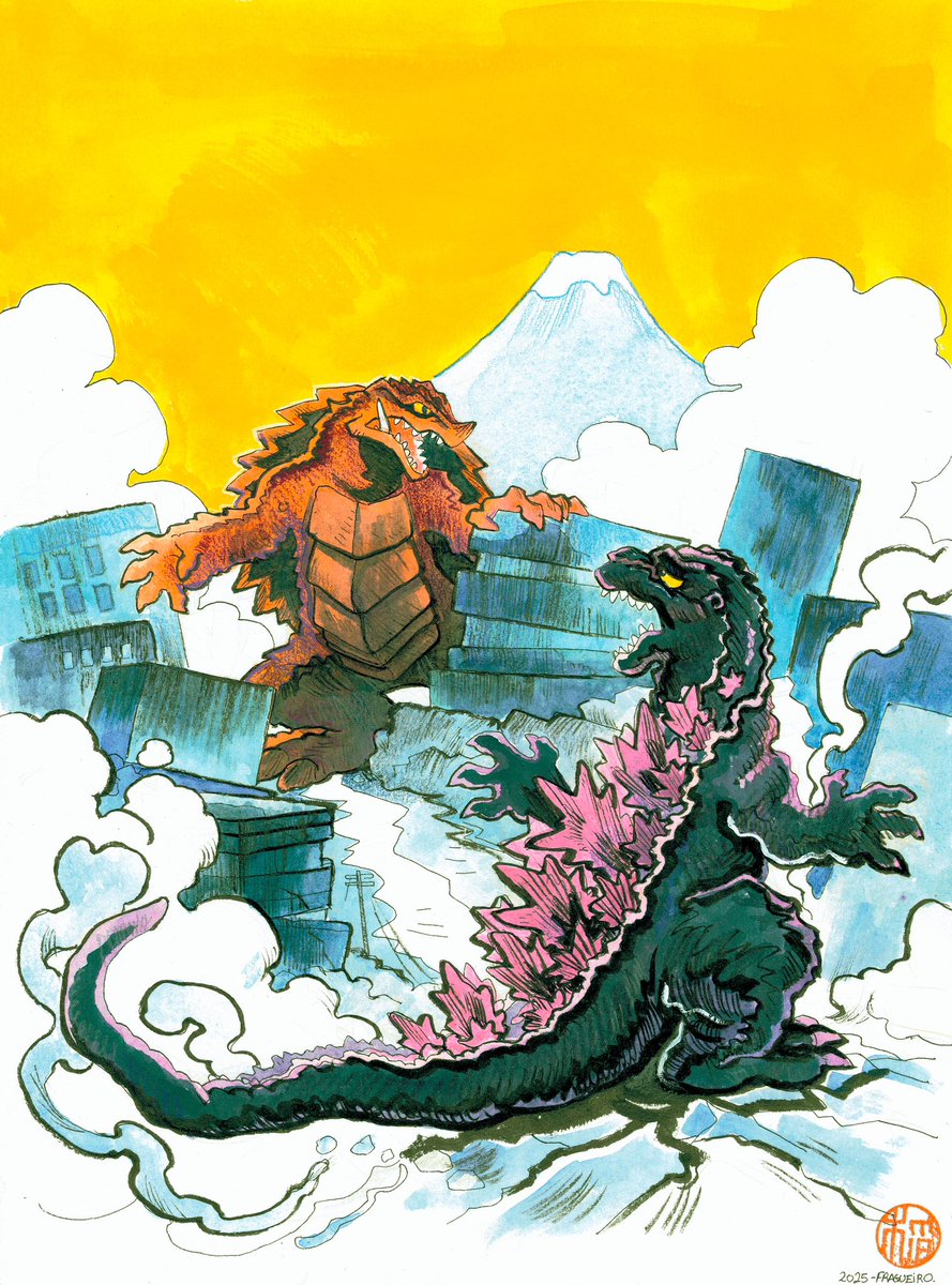Godzilla vs Gamera Commission-
Ink and watercolor (commissions are open!)