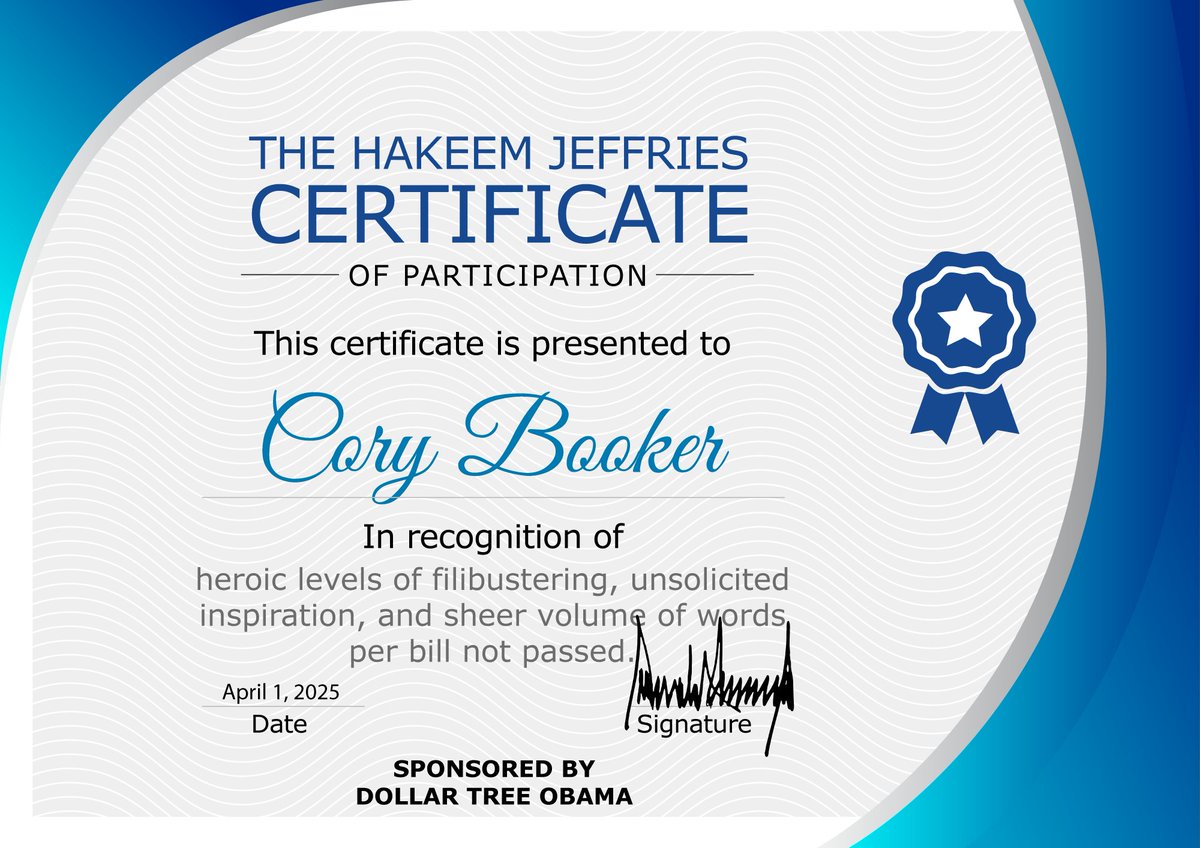 MrChrisArnell's tweet image. The only bipartisan moment in 2025:
Everyone agrees Cory Booker deserved that certificate. 😂
#FilibusterFail #ParticipationPolitics #DollarTreeObama