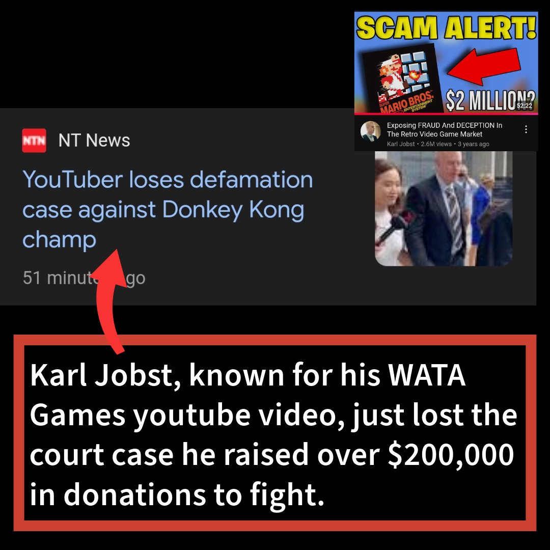 HighEndGarrett's tweet photo. YouTuber Karl Jobst has been presented to pay former Donkey Kong champion William โBillyโ Mitchell $237,000 after a judge found Jobst defamed him. Allegedly according to the news ๐
https://t.co/DRBmMT7xVB
#watagames #vgagraded #vgagames #cgcvideogames #wata #videogamecollection #videogamecollector #videogames #n64 #atari #karljobst #donkeykong #billymitchell
