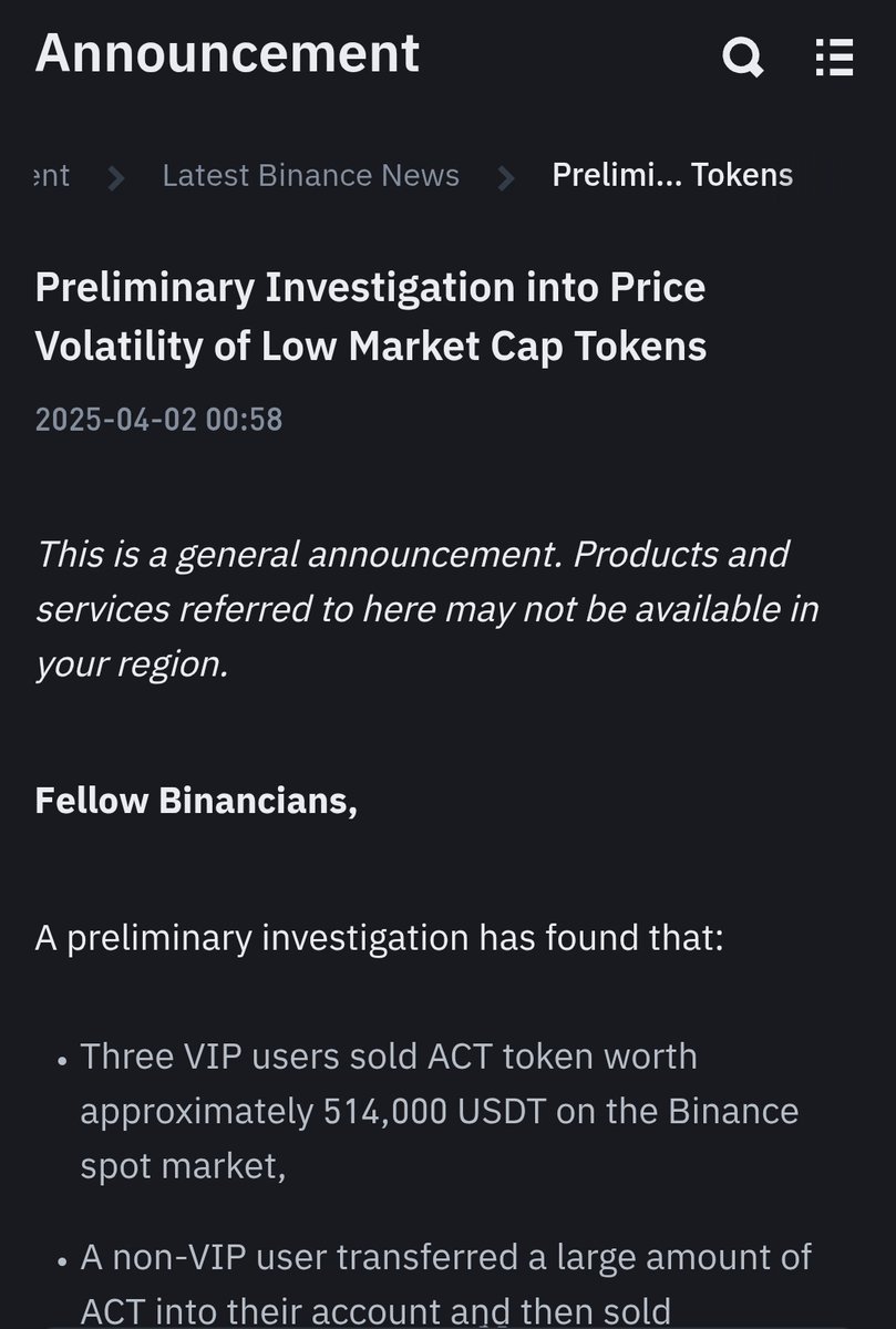 币安针对ACT暴跌事件发布初步报告，四位用户出售105万美元现货ACT代币导致下跌据Binance 公告，三位VIP用户及一位非VIP用户共计在现货市场出售超105万USDT的ACT代币，导致ACT价格大幅下跌，引发部分用户期货仓位被清算，并影响其他低市值代币价格。  目前未发现任何账户从中 ...