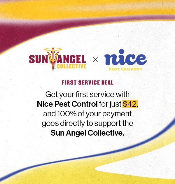 Pla$ Johnson (@plasjohnson21) on Twitter photo Protect your home & support ASU athletes! Get your first pest control service for just $42 & 100% of the payment supports Sun Angel Collective!
<a href="/SunAngelNIL/">Sun Angel Collective</a> <a href="/NicePestCompany/">Nice Pest Company</a>
Sign up here: refer.nicepest.com/s/bwillPz8H/su… Protect your home & support ASU athletes! Get your first pest control service for just $42 & 100% of the payment supports Sun Angel Collective!
<a href="/SunAngelNIL/">Sun Angel Collective</a> <a href="/NicePestCompany/">Nice Pest Company</a>
Sign up here: refer.nicepest.com/s/bwillPz8H/su…