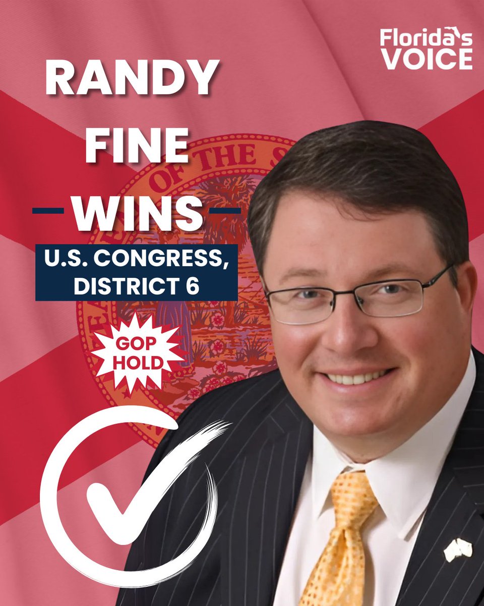 FLVoiceNews's tweet photo. #BREAKING: Republican @VoteRandyFine elected U.S. congressman from Florida's 6th District, defeating Democrat Josh Weil, who reportedly raised over $10M on the race; GOP HOLD https://t.co/GLRk7dSSwM