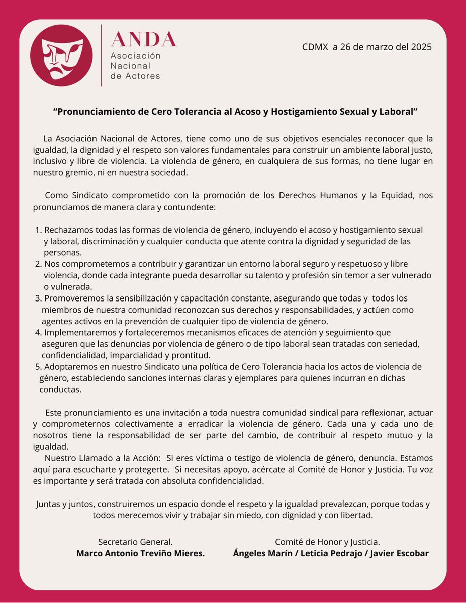 Pronunciamiento del Comité de Honor y Justicia y del Secretario General de Cero Tolerancia al Acoso y Hostigamiento Sexual y Laboral. #SomosANDA #cerotoleranciaalacososexual #cerotoleranciaalacosolaboral #hostigamientolaboral #hostigamientosexual