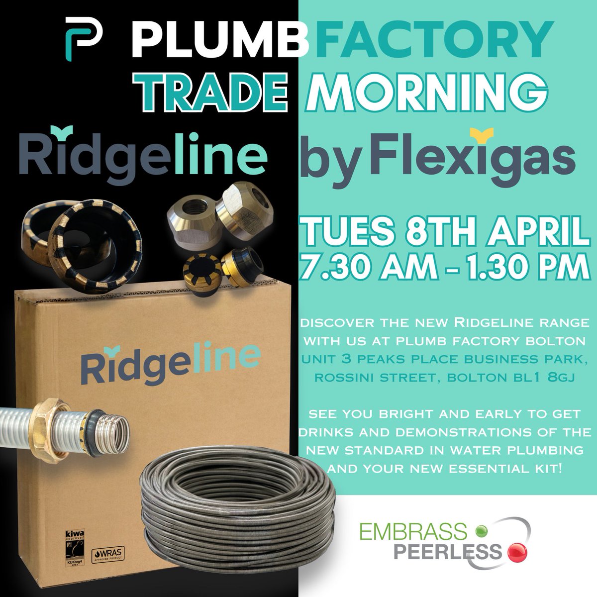 EmbrassPeerless's tweet photo. Next week will be very busy for our David Winter, we'll be at @plumbfactory  in Bolton, there's refreshments and new products from Flexigas - essential kit, and our Mr. Winters - what more could you ask?
#plumbing #Heating #water #gas #essentials #trademorning #bolton #EVENT https://t.co/FfIpL3GavT