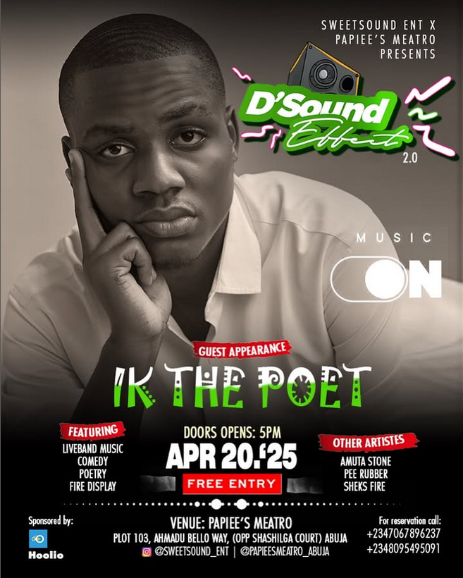 What’s a beautiful event without a grand opening?   

Jesustickz will be kicking off the night with an electrifying performance that will set the stage on fire, IK the poet is set to bring in the lyrical bar and Pee Rubber is ready to twist the event.

Don't miss #DSoundEffect