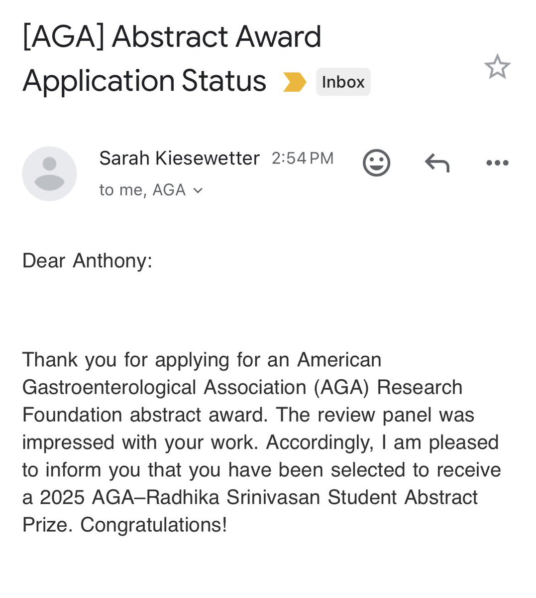 Anthony Kerbage (@kerbageanthony) on Twitter photo Honored to receive the 2025 AGA–Radhika Srinivasan Student Abstract Prize! Grateful to the <a href="/AmerGastroAssn/">American Gastroenterological Association (AGA)</a> for this recognition and deeply thankful for the support and mentorship of <a href="/burkegastrodoc/">Carol Burke</a> ! Honored to receive the 2025 AGA–Radhika Srinivasan Student Abstract Prize! Grateful to the <a href="/AmerGastroAssn/">American Gastroenterological Association (AGA)</a> for this recognition and deeply thankful for the support and mentorship of <a href="/burkegastrodoc/">Carol Burke</a> !