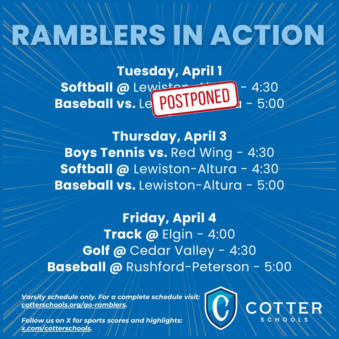 Today's games that were postponed will now be played this Thursday!
#CotterRamblers #CotterCommunity