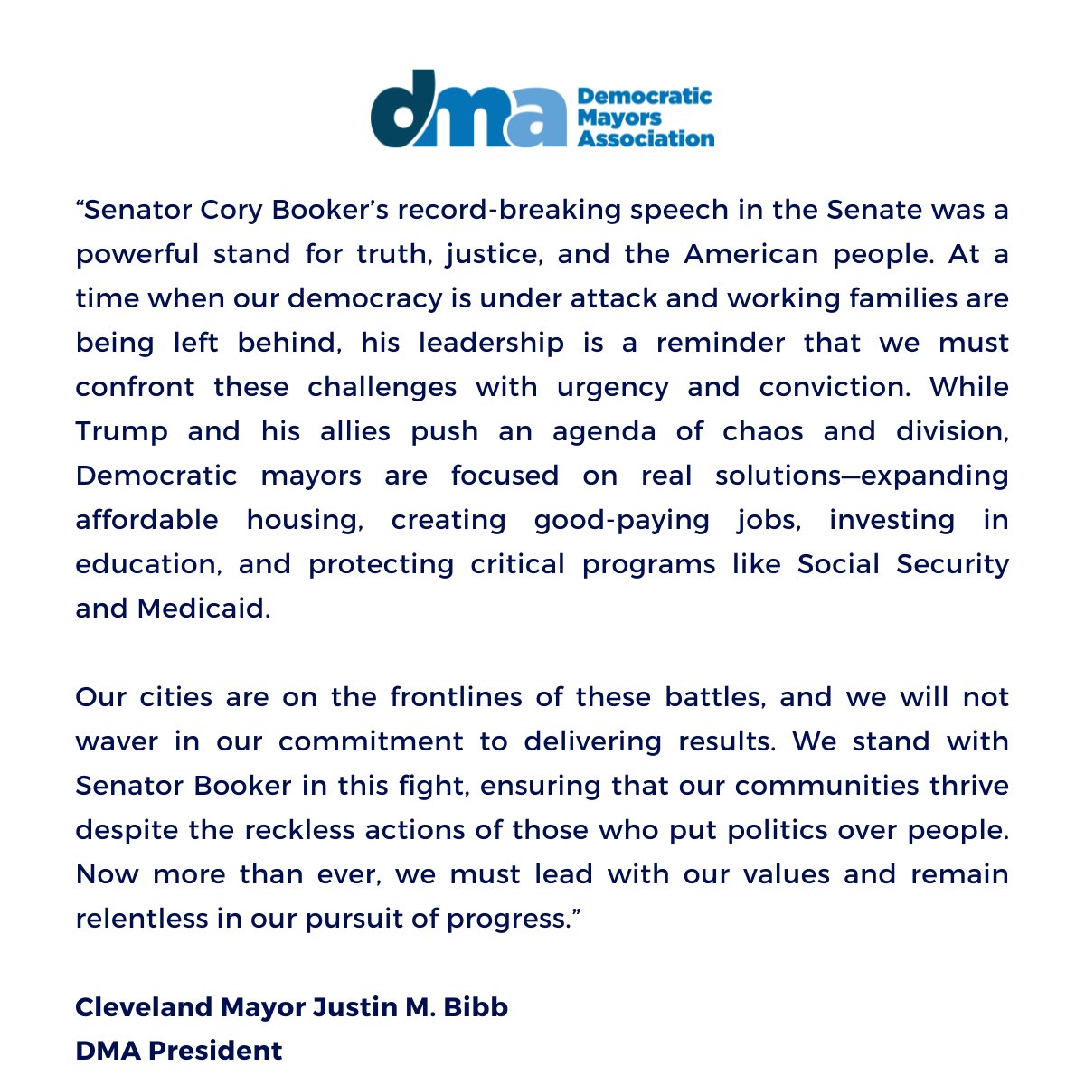 Democratic Mayors (@demmayors) on Twitter photo DMA President Mayor <a href="/JustinMBibb/">Justin M. Bibb</a> issued the following statement in response to U.S. Senator <a href="/CoryBooker/">Cory Booker</a>'s record-breaking Senate floor speech: DMA President Mayor <a href="/JustinMBibb/">Justin M. Bibb</a> issued the following statement in response to U.S. Senator <a href="/CoryBooker/">Cory Booker</a>'s record-breaking Senate floor speech: