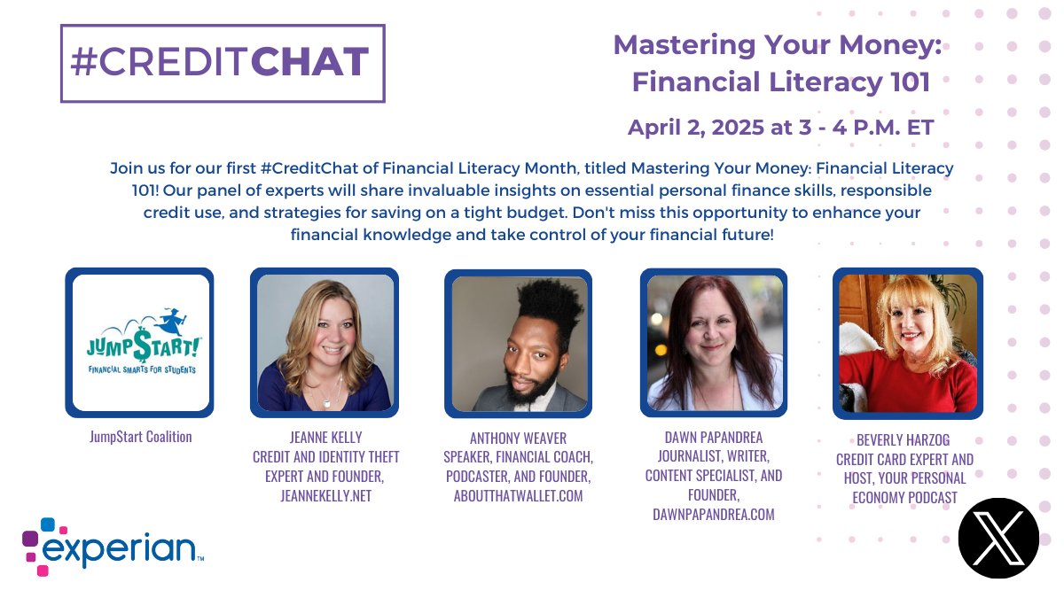 creditscoop's tweet image. Join me TODAY on X from 3-4 PM ET for the Experian #CreditChat to discuss Mastering Your Money! 

#experian #credit #creditscore #creditreport #credittips