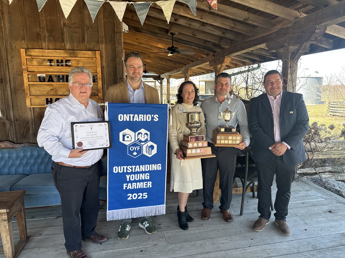 SenatorRobBlack's tweet photo. Congratulations to Romy and Ryan Schill who, today, were named Ontario’s Outstanding Young Farmers’ Program recipients for 2025. I was pleased to join sponsors, past winners, and program supporters to present them with a certificate of congratulations and provide an overview of my work in the @SenateCA, during the presentation ceremony. @CanadaOYF #AgricultureMatters #RuralLeadershipMatters #OntarioOutstandingYoungFarmersProgram