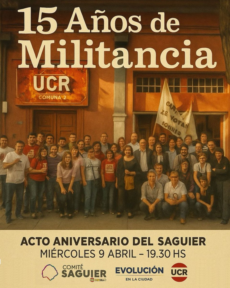 2010-2025: 15 AÑOS DE MILITANCIA 🇵🇱

Celebramos un aniversario más de la apertura del comité Int. Saguier con vecinos, afiliados y candidatos de Evolución en las próximas elecciones de la ciudad. Te esperamos, ¡hay mucho para hacer por CABA!

📆MIE 9/04
⌚️19:30
📍Paraguay 3093