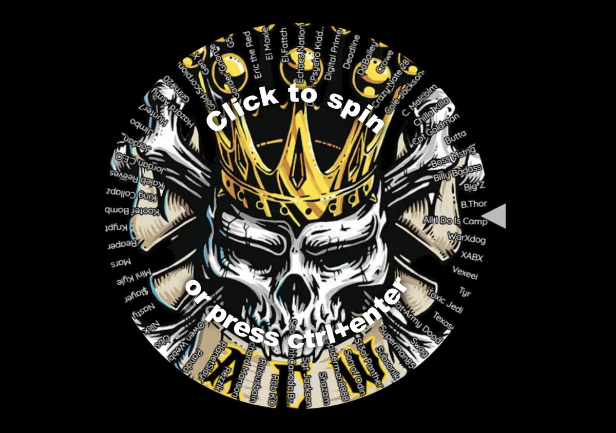 Grim420gaming (@grim420gaming) on Twitter photo Come chill Tomorrow as we spin the Cryptic Wheel and make Every match for the 64 Man ACW 5th Annual King of the Ring....... that Starts this Friday !!!
<a href="/GarderGnome/">#4T2R GarderGnome #RaiseTheAces</a> <a href="/RitiousBain/">Bain</a> <a href="/TexasArmyVet/">One Winged Angel 🎗️ 🇺🇸🇮🇱</a> <a href="/GenXGaming78/">J.</a> <a href="/MiniKyle_/">MiniKyle</a> <a href="/Echos_Nation/">EchosNation</a> <a href="/bigzthagrump/">RG // BigzThaGrump Content Creator</a> <a href="/dabailey420/">Patty_wack</a> <a href="/LoFReaper/">REAPER</a> Come chill Tomorrow as we spin the Cryptic Wheel and make Every match for the 64 Man ACW 5th Annual King of the Ring....... that Starts this Friday !!!
<a href="/GarderGnome/">#4T2R GarderGnome #RaiseTheAces</a> <a href="/RitiousBain/">Bain</a> <a href="/TexasArmyVet/">One Winged Angel 🎗️ 🇺🇸🇮🇱</a> <a href="/GenXGaming78/">J.</a> <a href="/MiniKyle_/">MiniKyle</a> <a href="/Echos_Nation/">EchosNation</a> <a href="/bigzthagrump/">RG // BigzThaGrump Content Creator</a> <a href="/dabailey420/">Patty_wack</a> <a href="/LoFReaper/">REAPER</a>