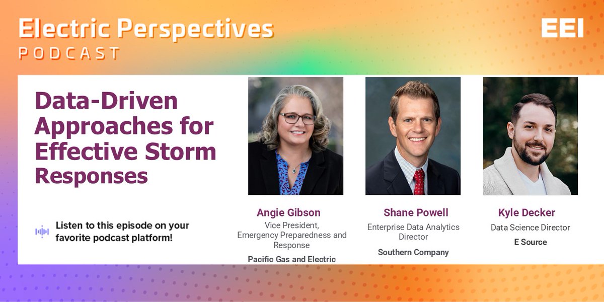 On the latest #ElectricPerspectivesPodcast episode, <a href="/PGE4Me/">Pacific Gas & Electric</a> Vice President of Emergency Preparedness and Response Angie Gibson; <a href="/SouthernCompany/">Southern Company</a> Enterprise Data Analytics Director Shane Powell; and <a href="/e_source/">E Source</a> Data Science Director Kyle Decker discuss their experiences with storm