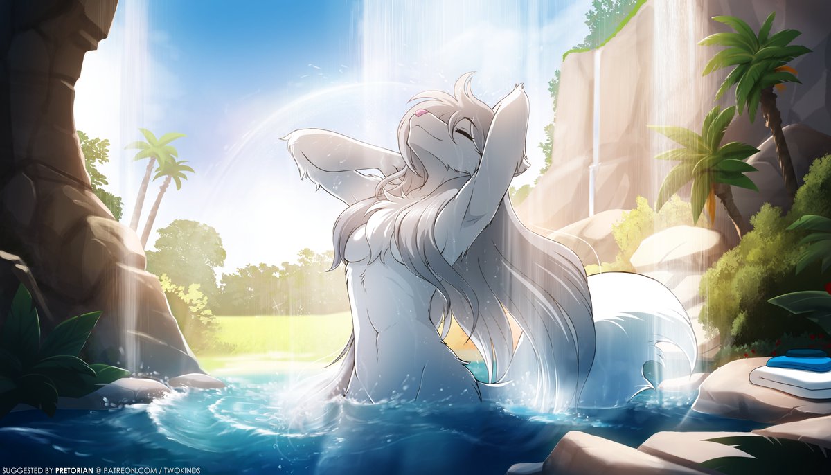 A private waterfall oasis for Raine, suggested by Pretorian! Thank goodness for freakishly long hair... kinda looks like she's posing for a shampoo commercial.