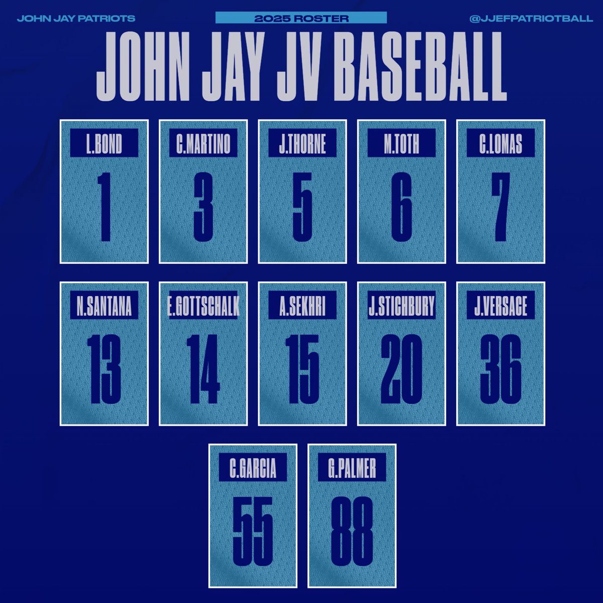 Your 2025 John Jay JV Baseball roster @JJEFpatriotball <a href="/JJEFAthletics/">JJPatriots</a> <a href="/WCSDAthletic/">WCSDAthletics</a>