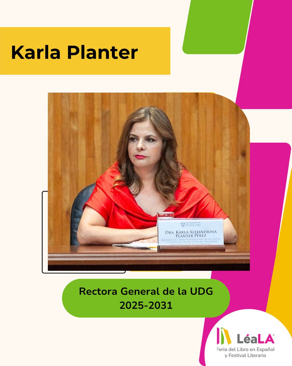 Feria del Libro en Español y Festival Literario (@festivalleala) on Twitter photo LéaLA celebra la toma de protesta de <a href="/KarlaPlanter1/">Karla Planter</a> como Rectora General de la <a href="/udg_oficial/">Universidad de Guadalajara</a> para el periodo 2025-2031. Su trayectoria y visión contribuyen a consolidar una Universidad más incluyente y comprometida con la cultura y la educación. ¡Le deseamos mucho éxito! 👏🏻 LéaLA celebra la toma de protesta de <a href="/KarlaPlanter1/">Karla Planter</a> como Rectora General de la <a href="/udg_oficial/">Universidad de Guadalajara</a> para el periodo 2025-2031. Su trayectoria y visión contribuyen a consolidar una Universidad más incluyente y comprometida con la cultura y la educación. ¡Le deseamos mucho éxito! 👏🏻