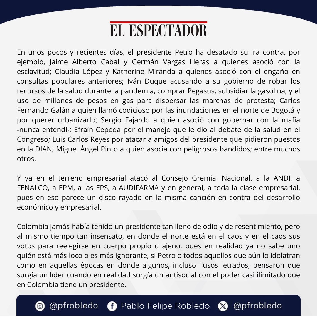 Los invito a leer mi columna “El odio de un gobernante” publicada en <a href="/elespectador/">El Espectador</a> en la que hago una aproximación respecto de mi definición sobre <a href="/petrogustavo/">Gustavo Petro</a>, su deplorable personalidad y su perversa forma de gobernar elespectador.com/opinion/column…