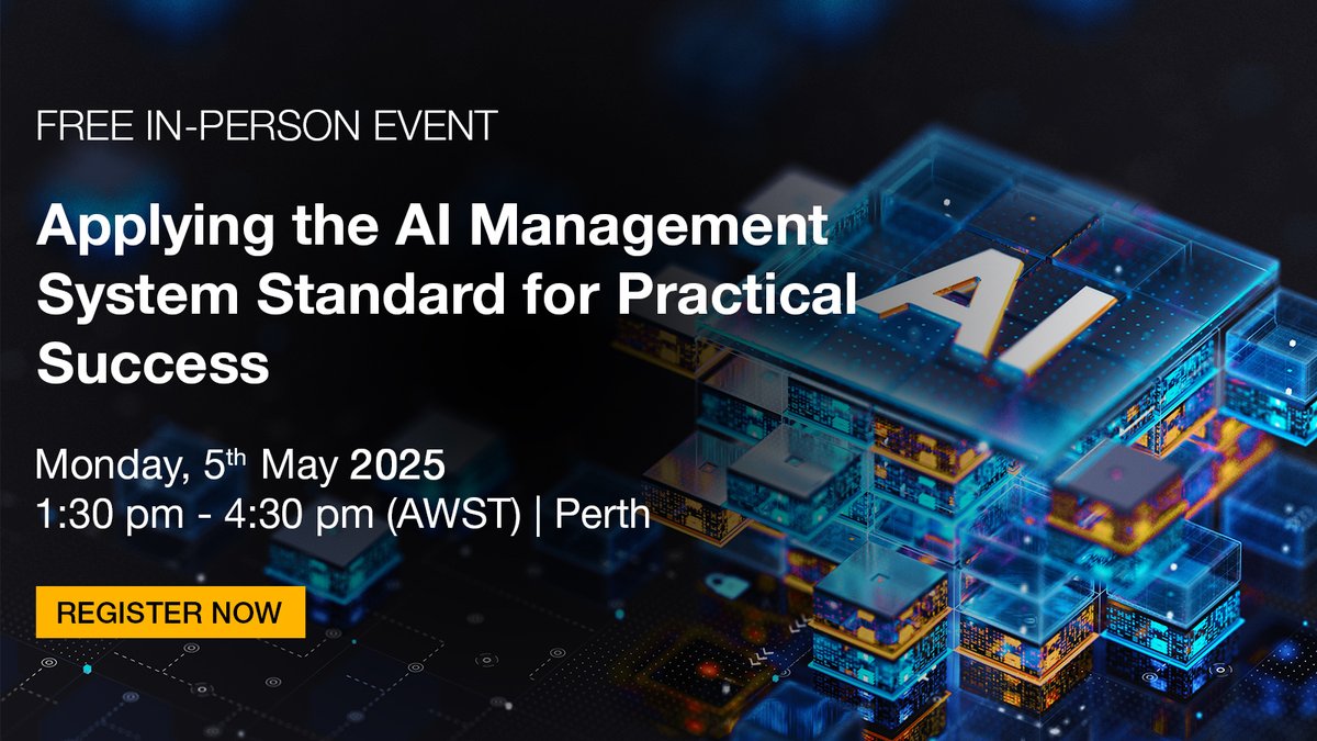 Heading to WA! Our in-person #AI workshop is coming to Perth on May 5th. Join us to dive into the world-first AI Management System standard and other key AI standards. Reserve your spot now: eventbrite.com.au/e/ai-event-app…