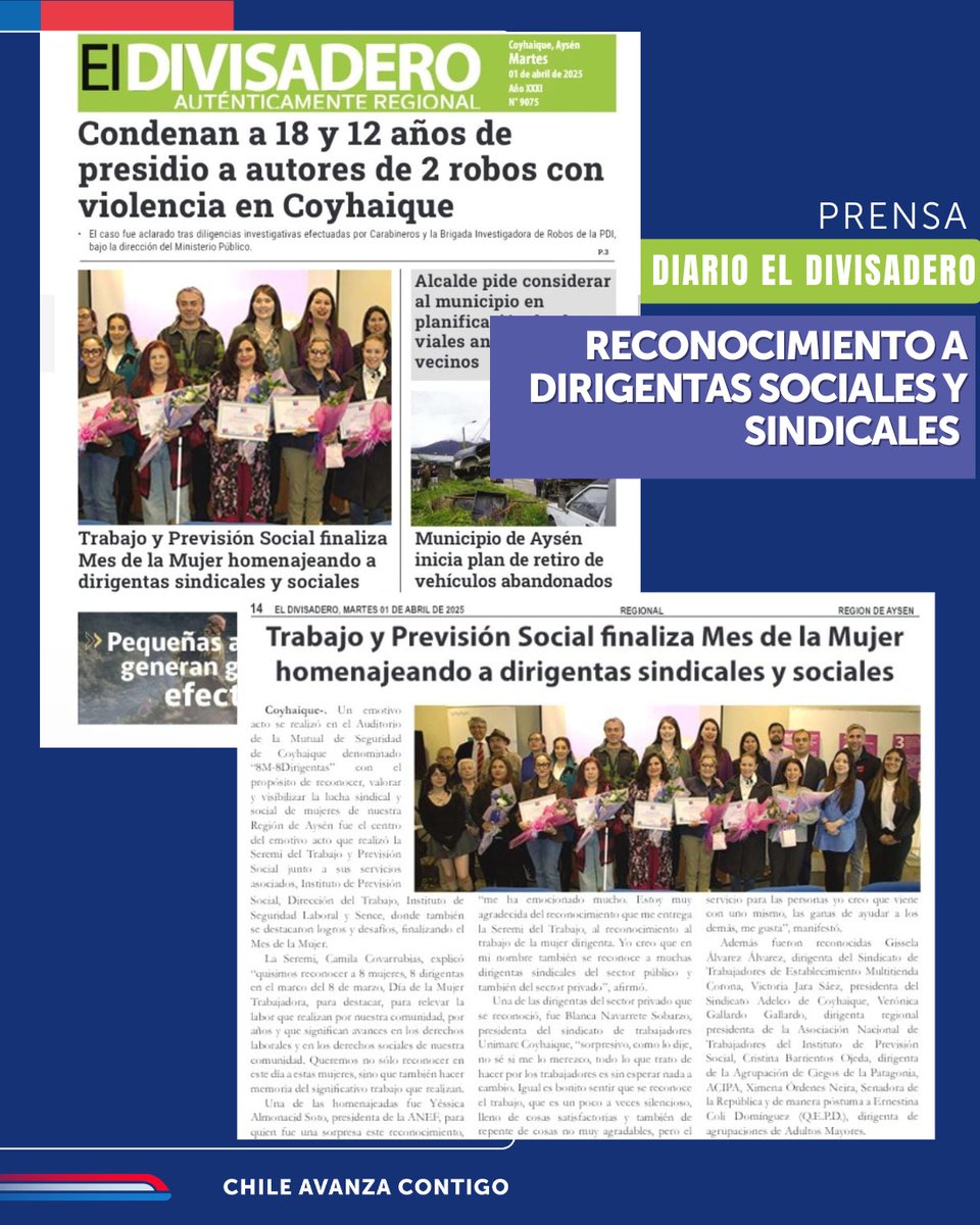 🗞#Hoy el Diario <a href="/ddivisadero/">El Divisadero</a>
destacó en Portada el reconocimiento que realizamos como cartera de Trabajo y Previsión Social "8M-8Dirigentas" finalizando #MesDeLaMujer a dirigentas sindicales y sociales, reconociendo su importante rol
Lee la nota AQUÍ ⬇️
eldivisadero.cl/_papel_digital…
