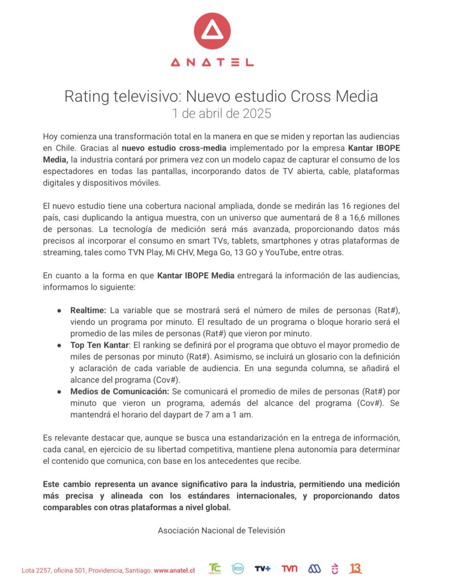 Rating televisivo: Nuevo estudio de audiencias

Hoy inicia del nuevo estudio Cross-Media de Kantar IBOPE Media, que medirá el consumo en múltiples plataformas y dispositivos.

🔗 Accede al comunicado completo aquí: anatel.cl/rating-televis…